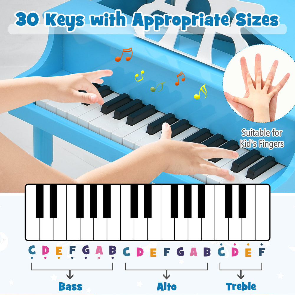 30-key blue wooden toy grand piano for kids, designed for small hands, promoting creativity and coordination.
