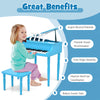 Blue 30-key wooden toy grand piano with bench, designed for kids aged 3-8 to inspire musical potential and improve.
