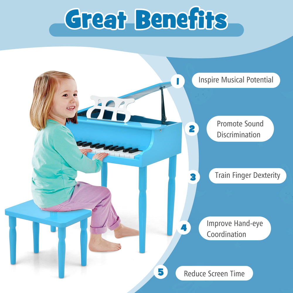 Blue 30-key wooden toy grand piano with bench, designed for kids aged 3-8 to inspire musical potential and improve.