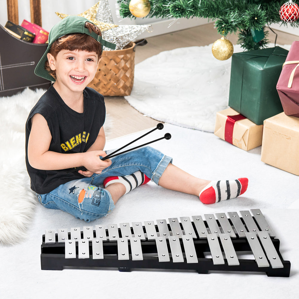 Percussion glockenspiel with 30 notes and adjustable stand, perfect for kids and beginners, shown with mallets.