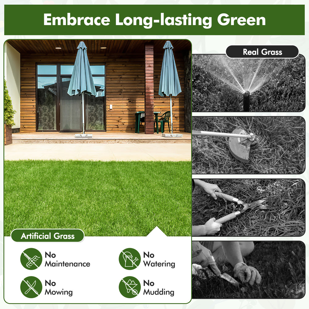 Interlocking artificial grass tiles showcasing lush green texture, ideal for indoor and outdoor use with no maintenance.
