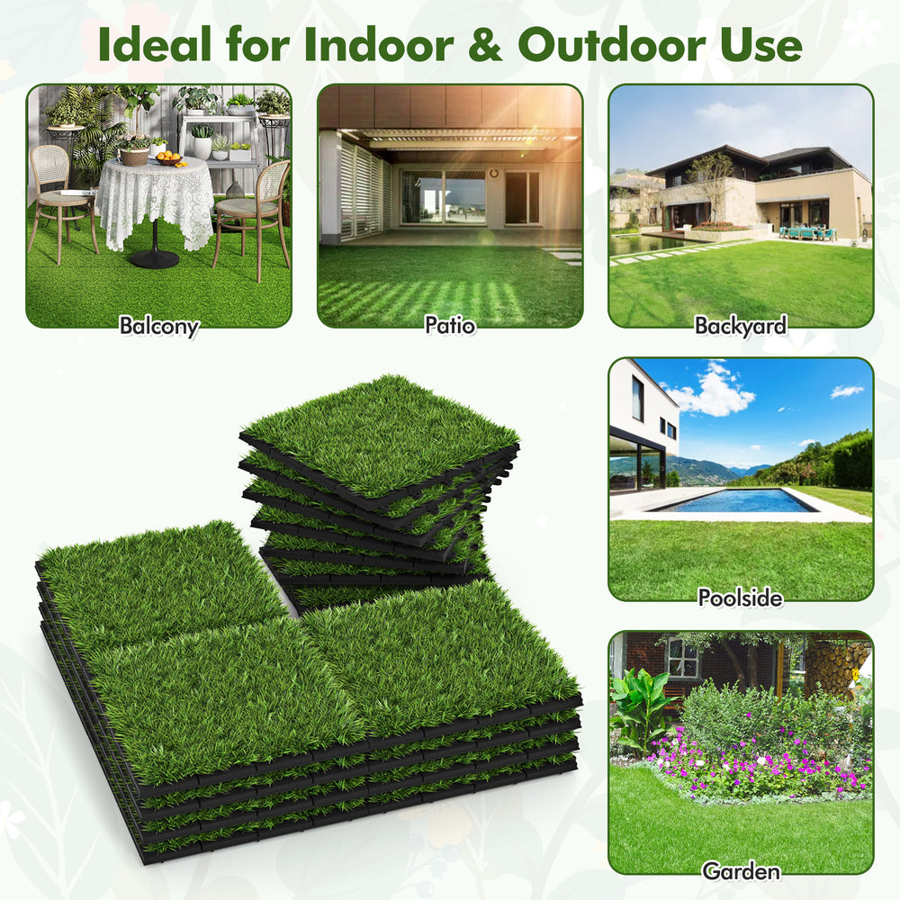 Interlocking artificial grass tiles in a stack, featuring lush green color, ideal for patios, balconies, and gardens.