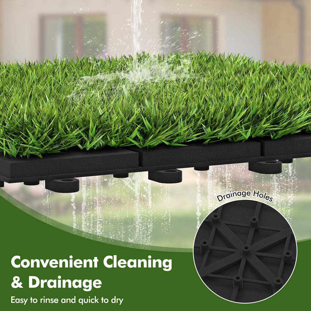 Interlocking artificial grass tiles with drainage holes, featuring lush synthetic grass for easy cleaning and outdoor.