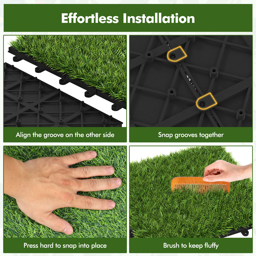 Interlocking artificial grass tiles showing installation steps, featuring lush synthetic grass for indoor and outdoor.