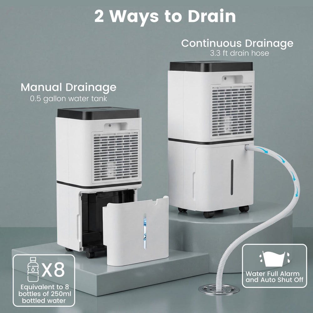 30 pints dehumidifier with 0.5-gallon tank and 3.3ft drain hose, ideal for medium to large rooms up to 1,500 sq.ft.