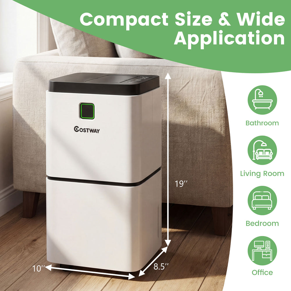 Compact 30-pint dehumidifier with digital display, suitable for rooms up to 1,500 sq.ft, ideal for home or office use.