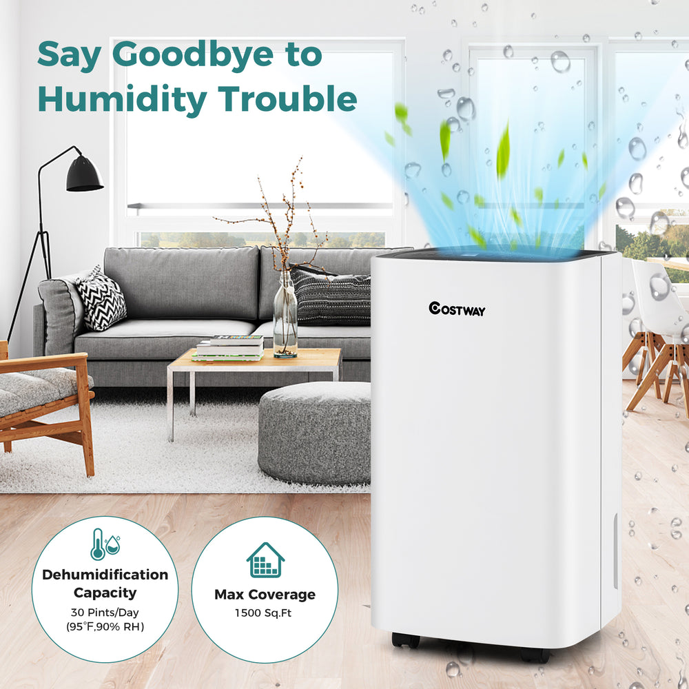 Portable dehumidifier with 30 pints capacity, designed for spaces up to 1,500 sq.ft, ideal for home and office use.