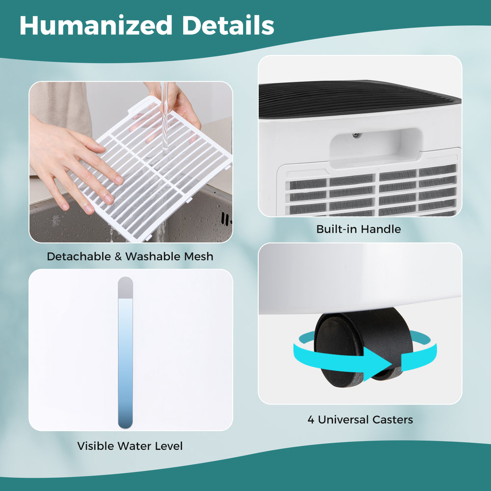 Detachable and washable mesh filter, visible water level, and 4 universal casters for easy mobility in a portable.