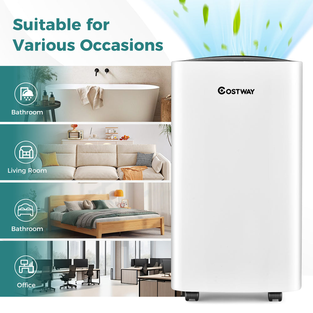 Portable dehumidifier for medium to large spaces, removing 30 pints of moisture daily, ideal for living rooms and.