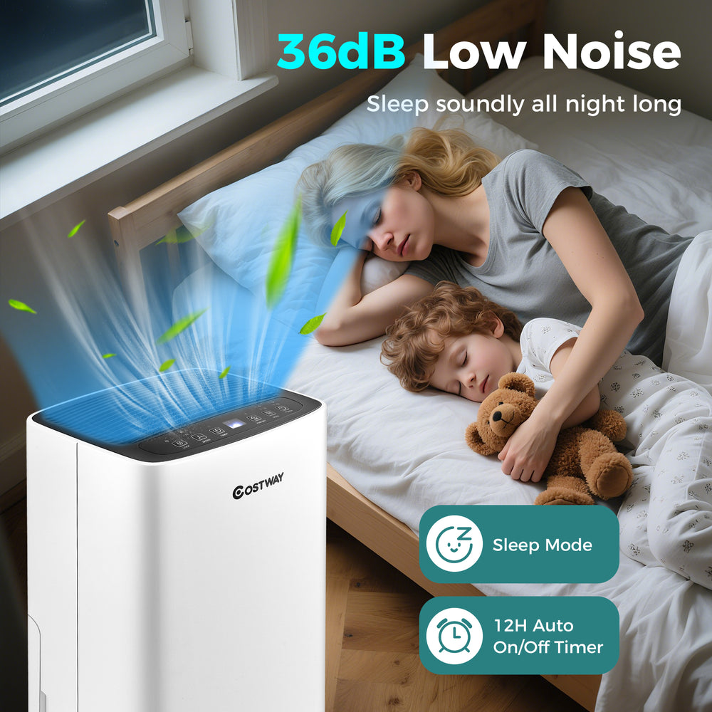 Portable dehumidifier with 36dB low noise, ideal for bedrooms, removing 30 pints of moisture daily for comfort.