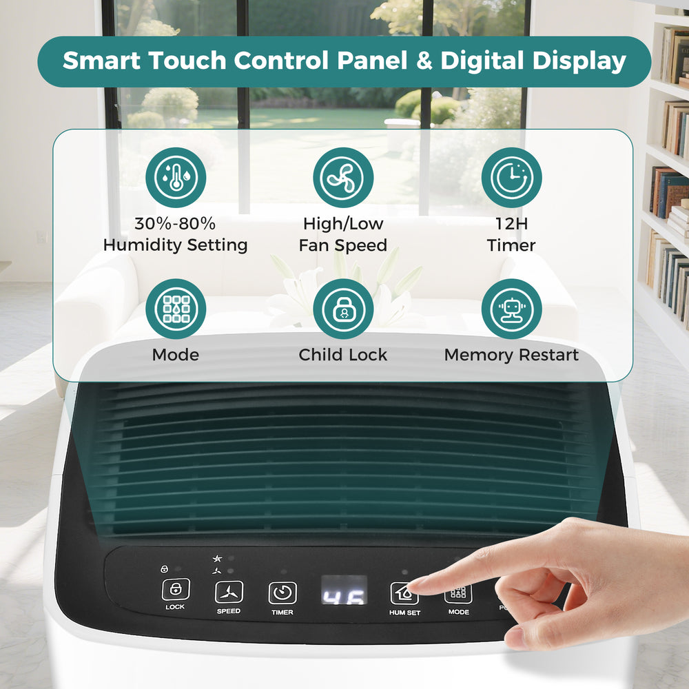 Smart touch control panel of the 30 Pints portable dehumidifier with digital display for easy operation and humidity.