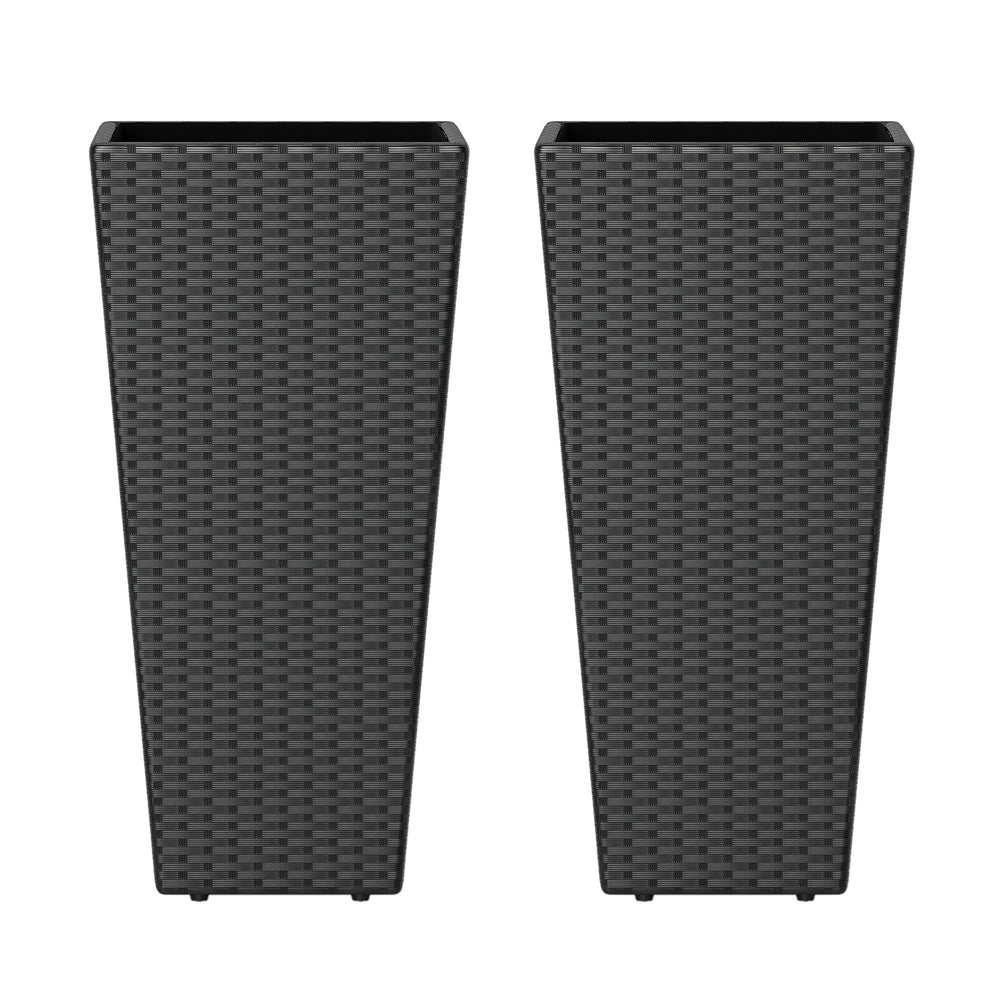 Set of 2 elegant 30-inch tall flower pots in black PE rattan, featuring adjustable foot pads for stability on uneven.