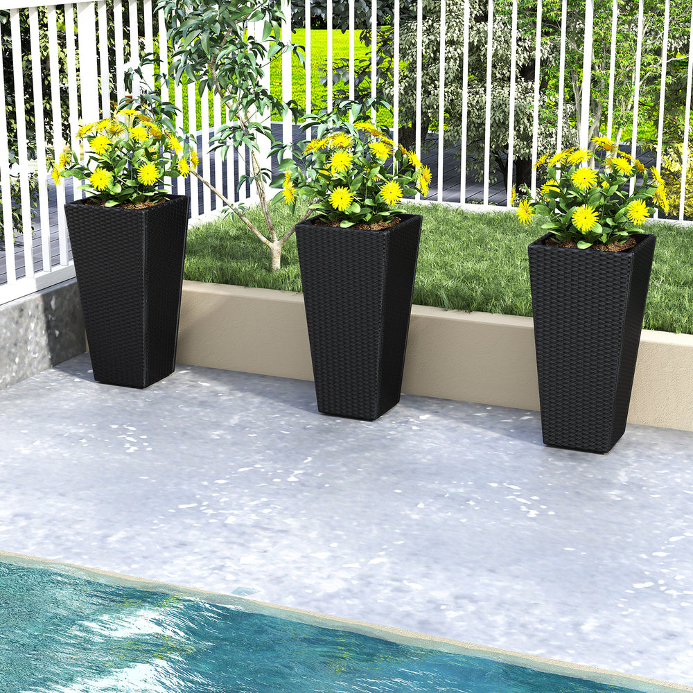 Set of 2 30-inch tall black flower pots made from PE rattan, ideal for patios and poolside with excellent drainage.