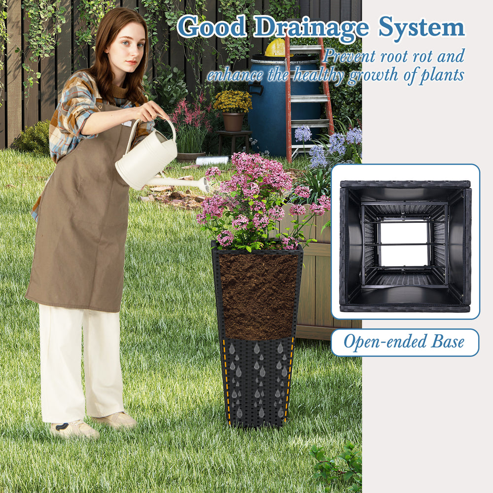 30-inch tall flower pot with open-ended base for drainage, made from premium PE rattan, perfect for patios and.