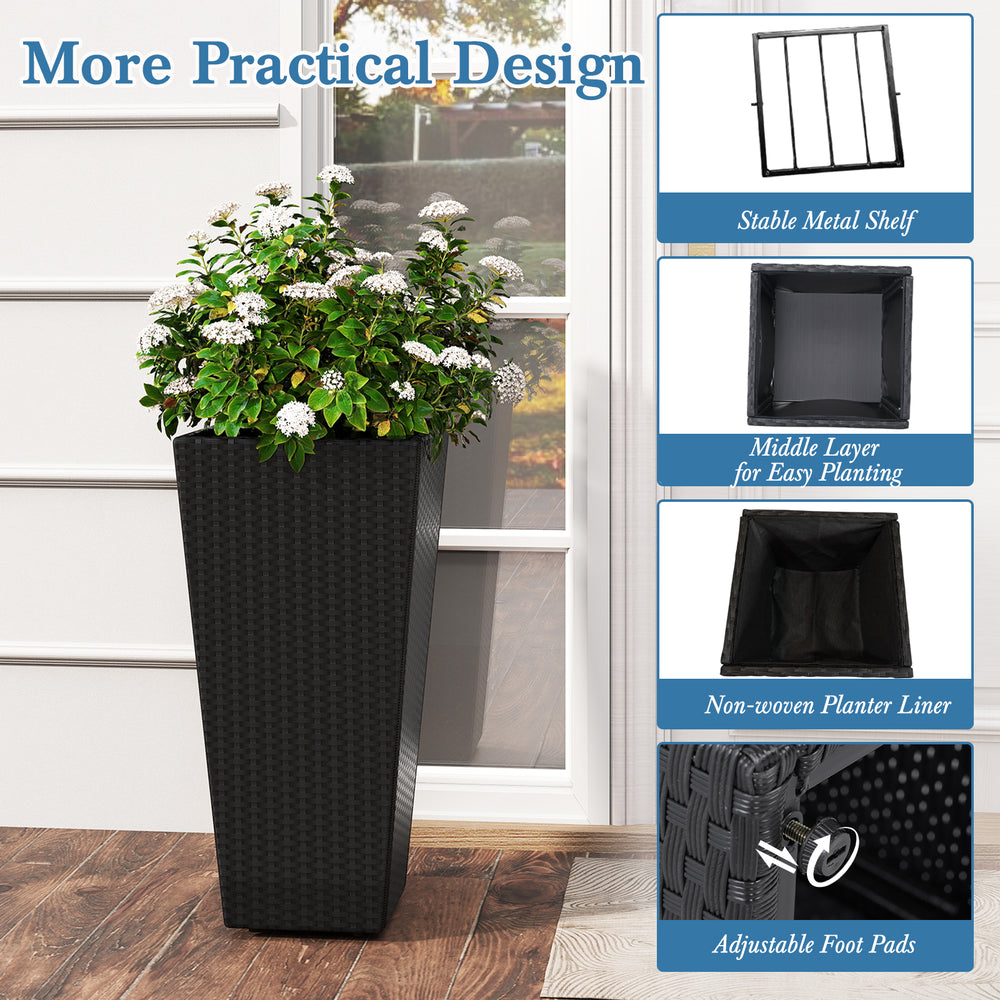 Tall black flower pot made from PE rattan, featuring an open-ended base for drainage, ideal for patios and entrances.