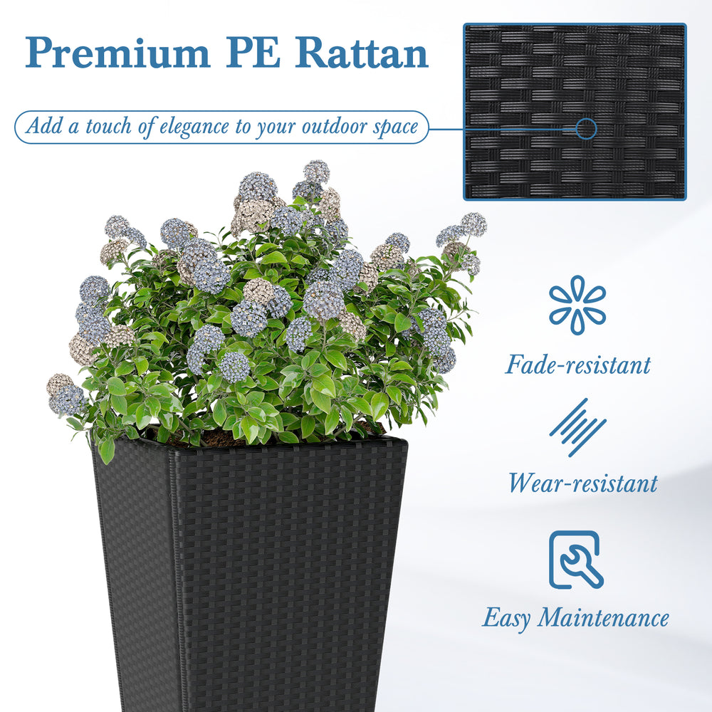 Set of 2 30-inch tall flower pots made from premium PE rattan, featuring an open-ended base for drainage and stability.