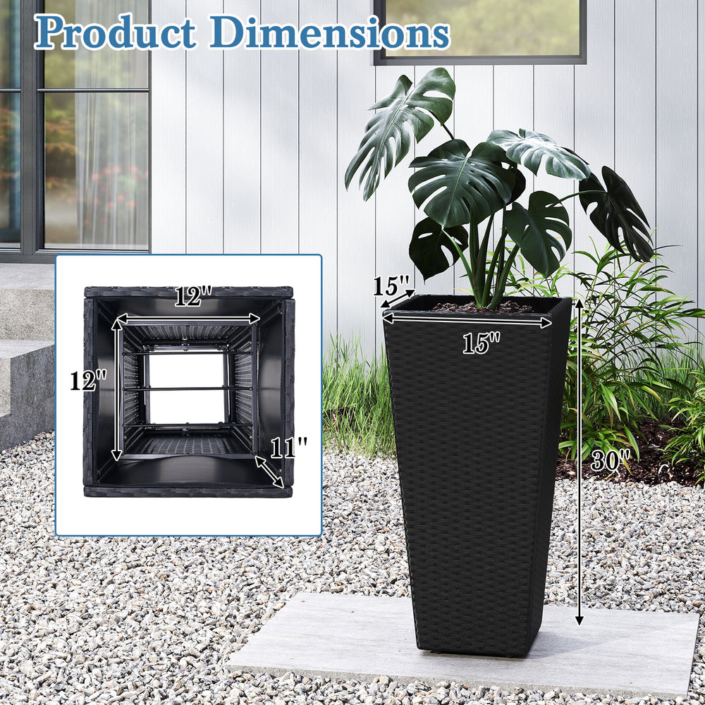 Tall 30-inch flower pot with open-ended base, made from PE rattan, ideal for patios and poolside greenery.