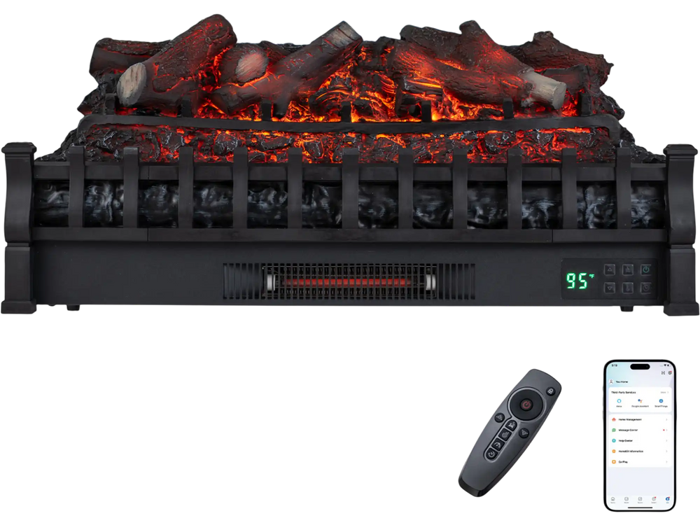 30" WiFi fireplace insert in black with customizable flame effects and remote control, perfect for cozy living rooms.