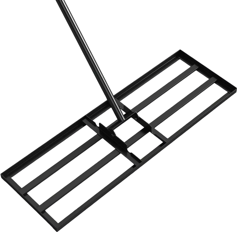 Heavy duty lawn level tool with 30 x 10 inch rake plate and 69 inch handle, ideal for efficient leveling in gardens.