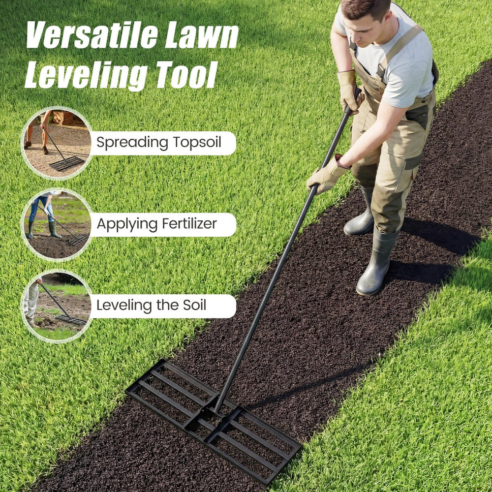 Heavy duty lawn level tool with 30 x 10 inch rake plate and 69 inch handle, ideal for leveling soil in gardens or farms.