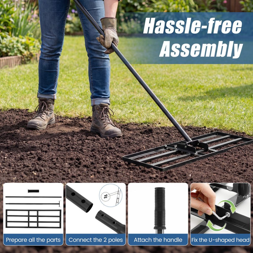 Detail shot of the heavy duty lawn level tool's U-shaped bracket and screw-in structure for easy assembly and stability.