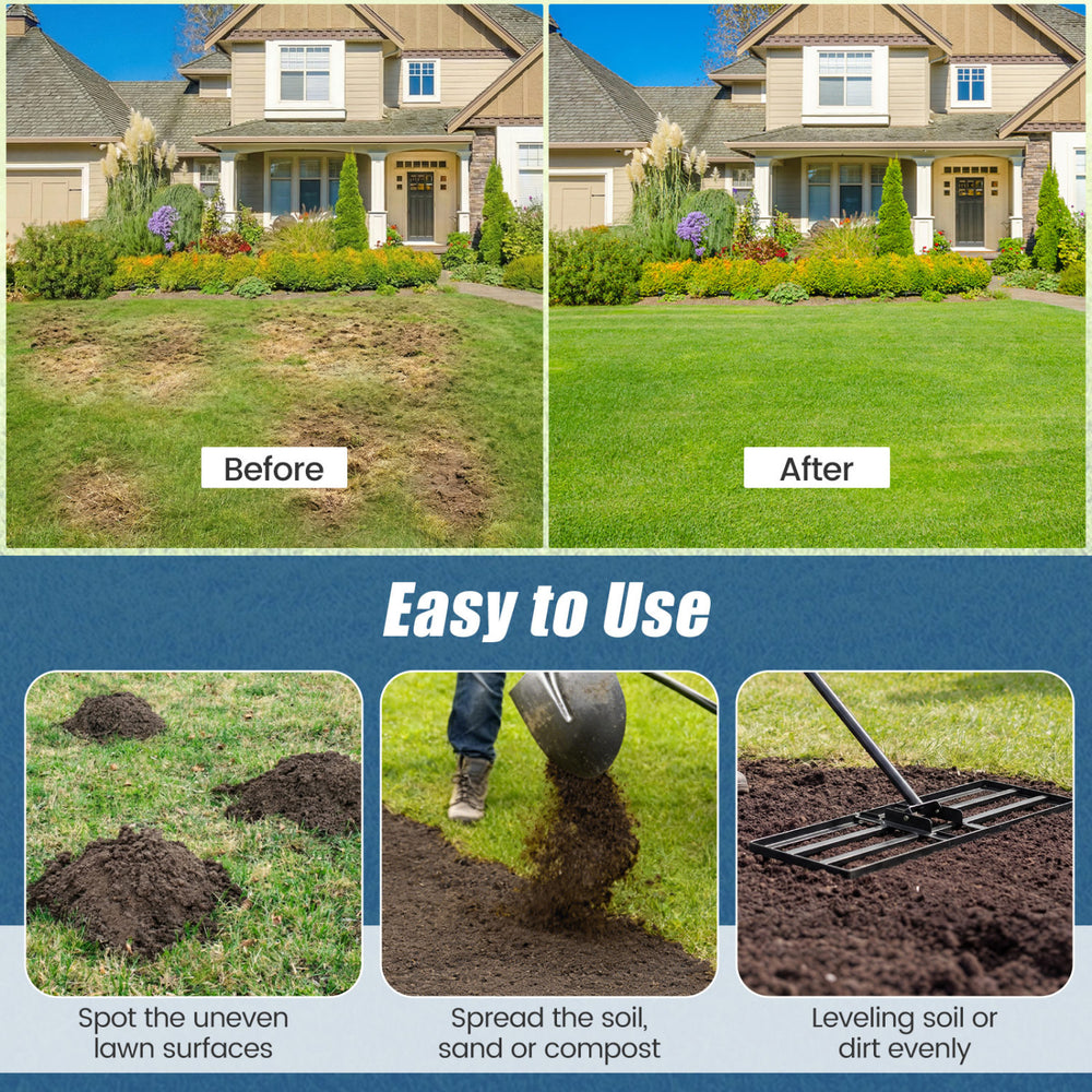 Heavy duty lawn level tool with 30 x 10 inch rake plate and 69 inch handle for efficient soil leveling in gardens.