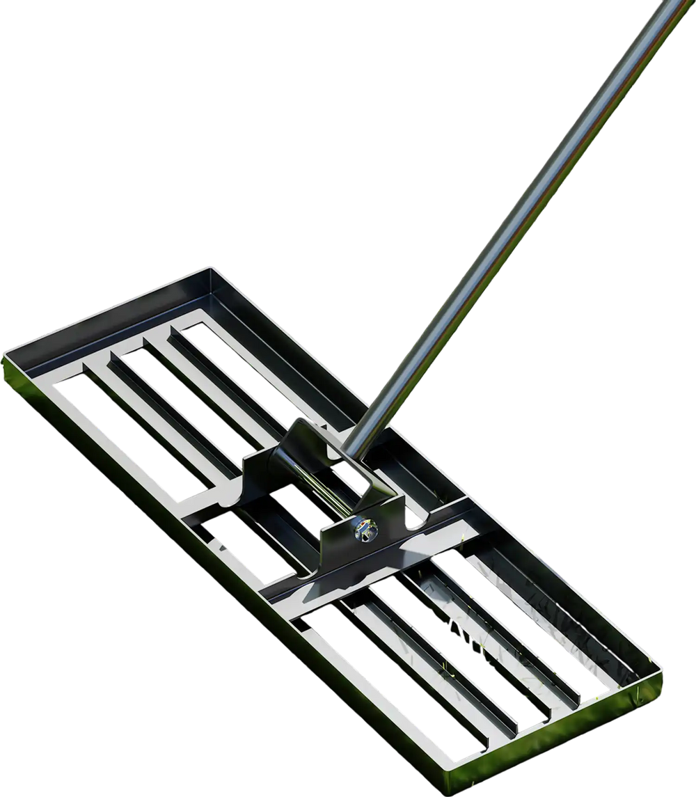 Lawn leveling rake with ergonomic handle, 30 x 10 inches, designed for efficient lawn surface leveling in gardens and.