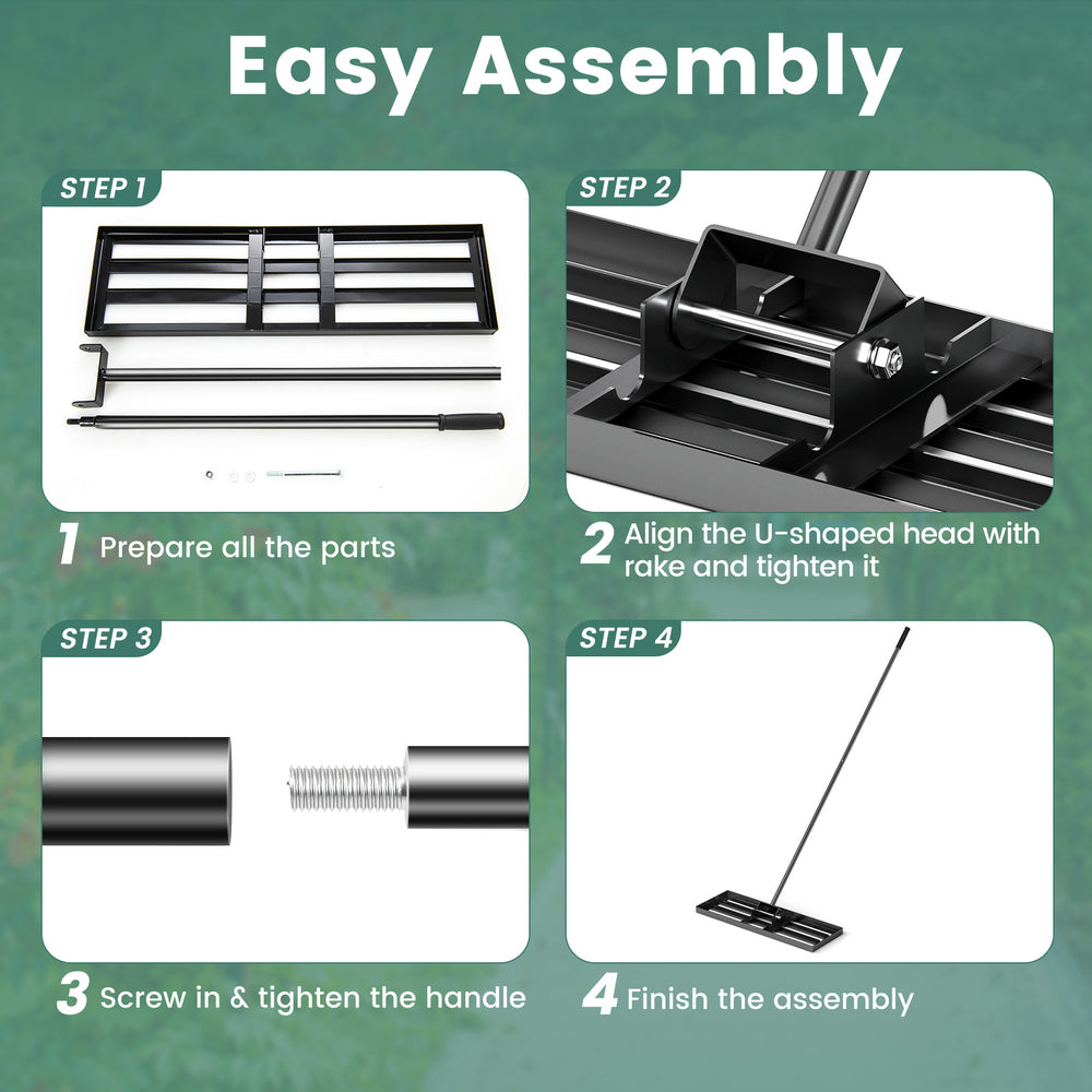Step-by-step assembly instructions for the 30 x 10 Inch Lawn Leveling Rake with Ergonomic Handle in black.