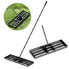 Lawn leveling rake with 30 x 10 inch plate, ergonomic handle, and rotatable U-shaped head for easy lawn maintenance.