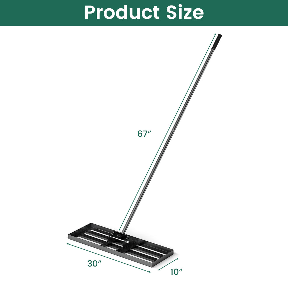30 x 10 inch lawn leveling rake with ergonomic handle, featuring a long rustproof handle for easy lawn leveling.