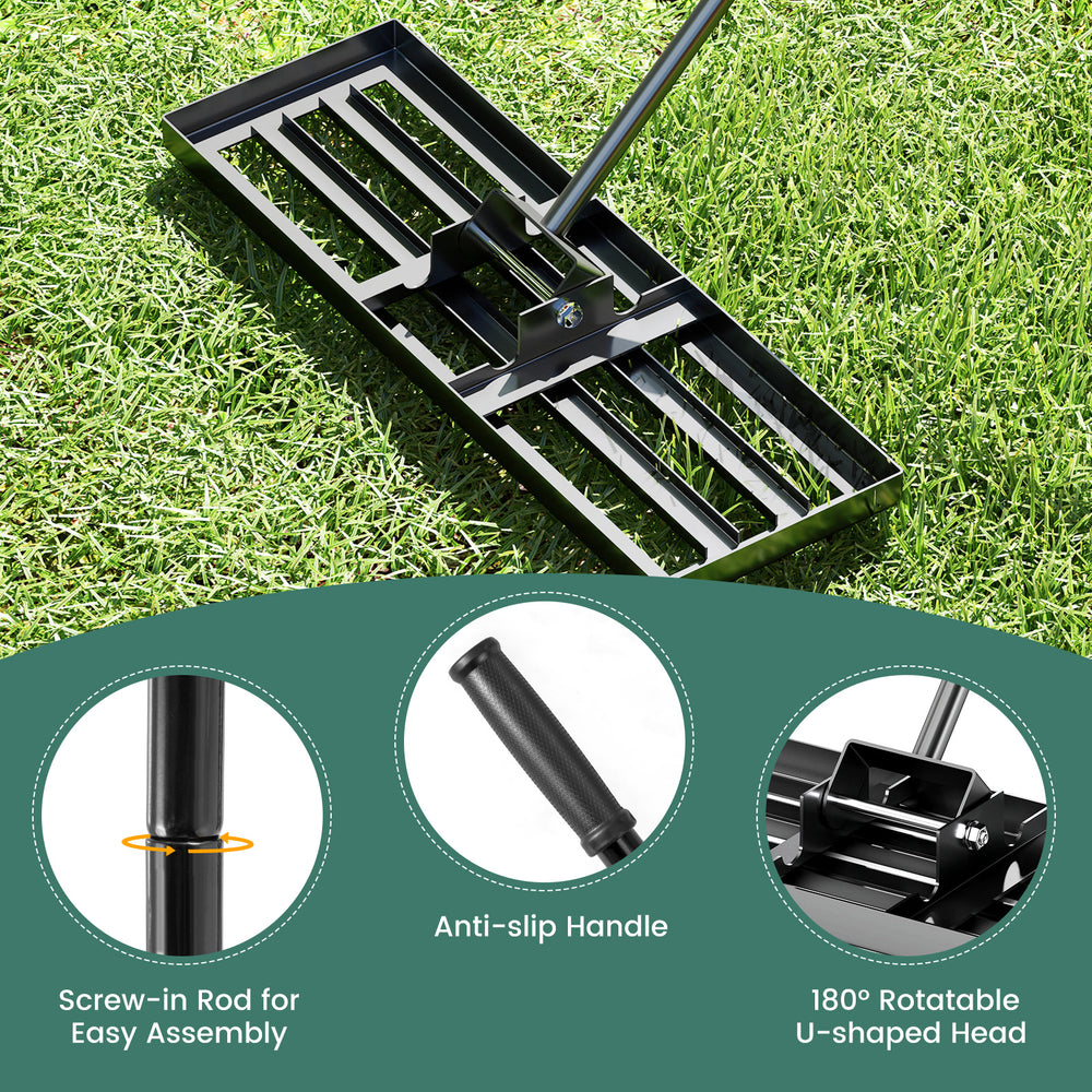 Lawn leveling rake with 30 x 10 inch plate, ergonomic anti-slip handle, and 180° rotatable U-shaped head for easy use.