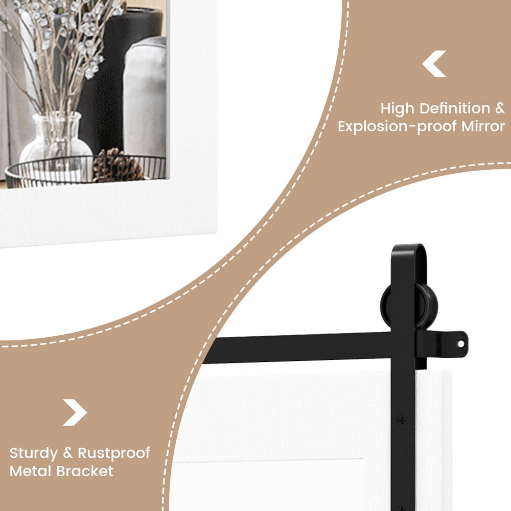 30 x 22 inch wall mount mirror with white wood frame and black metal bracket, ideal for rustic decor and safe use.