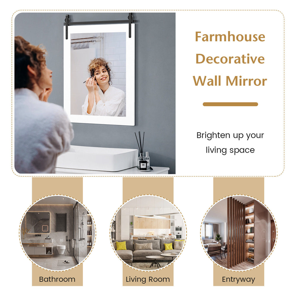 30 x 22 inch wall mount mirror with white wood frame and black metal bracket, ideal for farmhouse-style decor in any.