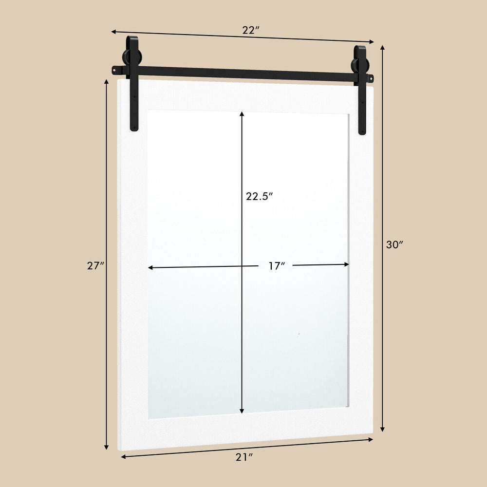 Wall mount mirror with white wood frame and black metal bracket, 30 x 22 inches, ideal for rustic home decor.