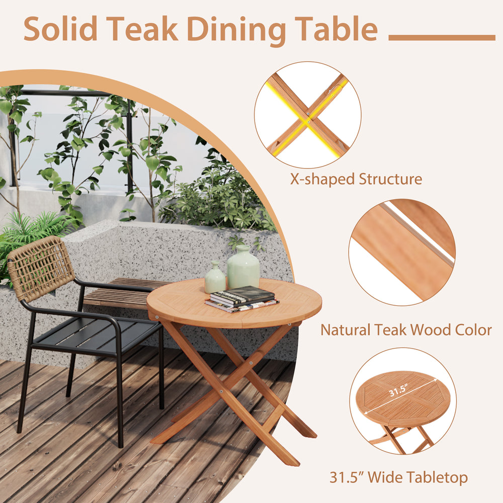 Round 31.5" folding coffee table made of high-grade teak wood, featuring an X-shaped structure for stability, perfect.