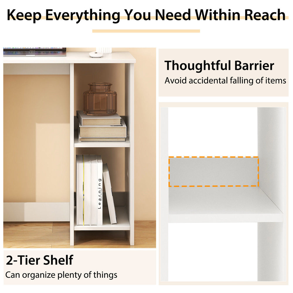 Modern home office desk with 2 compartments, featuring a 2-tier shelf and thoughtful barrier for organized storage.