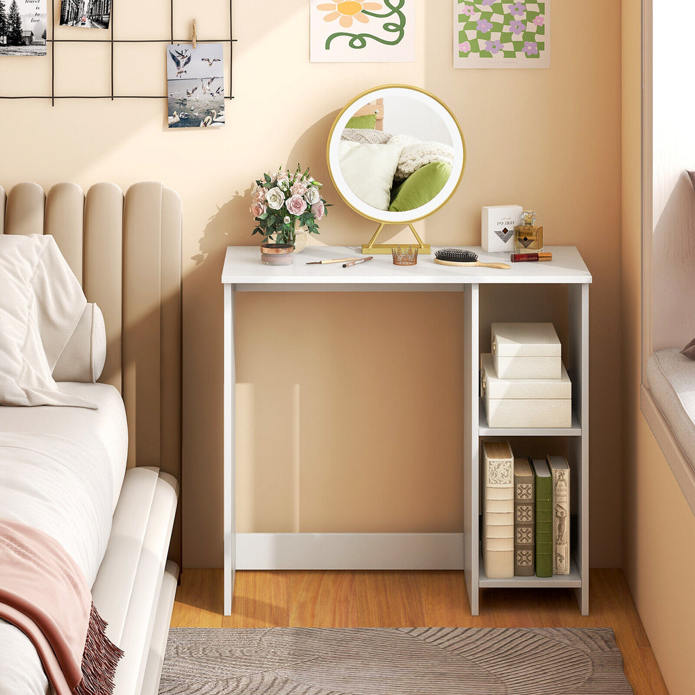 Modern 31.5-inch white home office desk with 2 compartments, ideal for organizing items in small spaces.