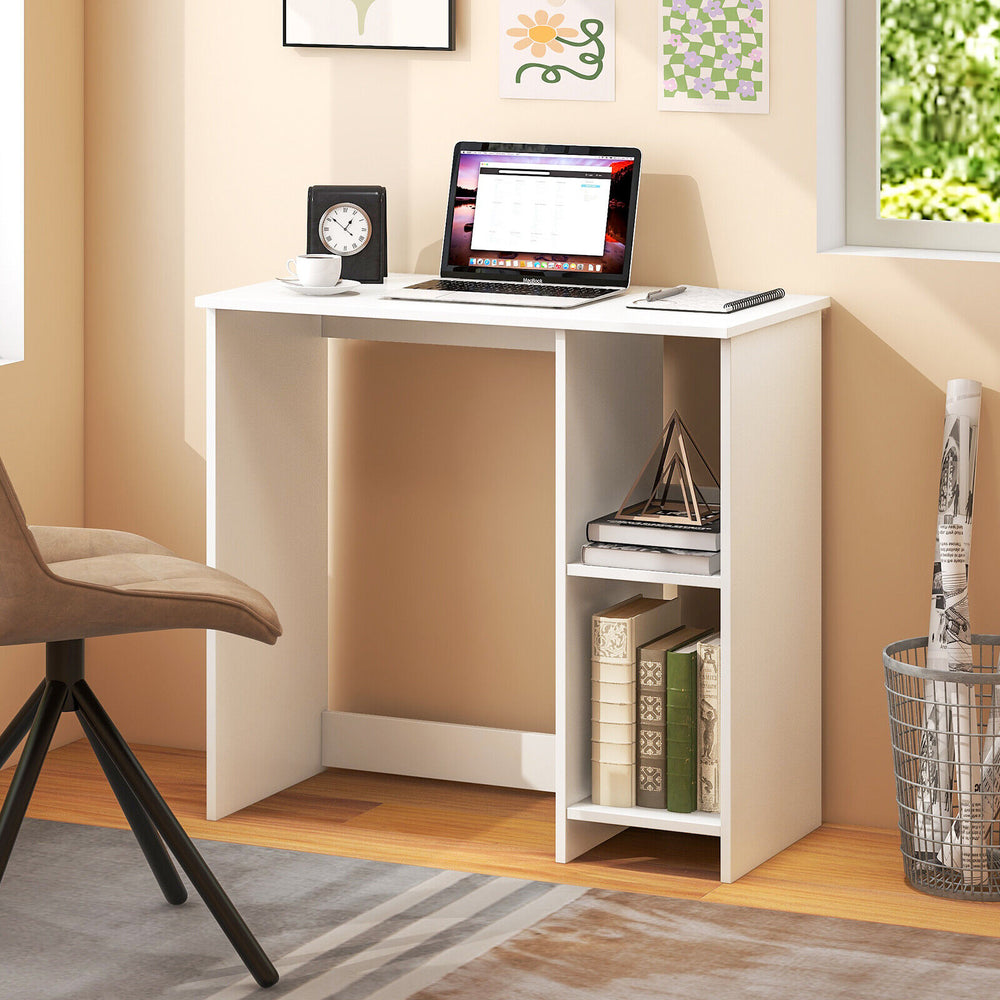 Modern white office desk featuring a sleek design with two compartments and thoughtful barrier for secure storage.