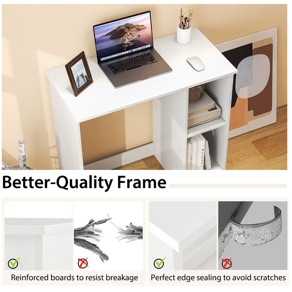 Modern white 31.5-inch home office desk with two compartments and reinforced boards for added sturdiness.