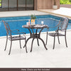 Round 31.5-inch cast aluminum patio dining table with umbrella hole, ideal for backyard or poolside use.