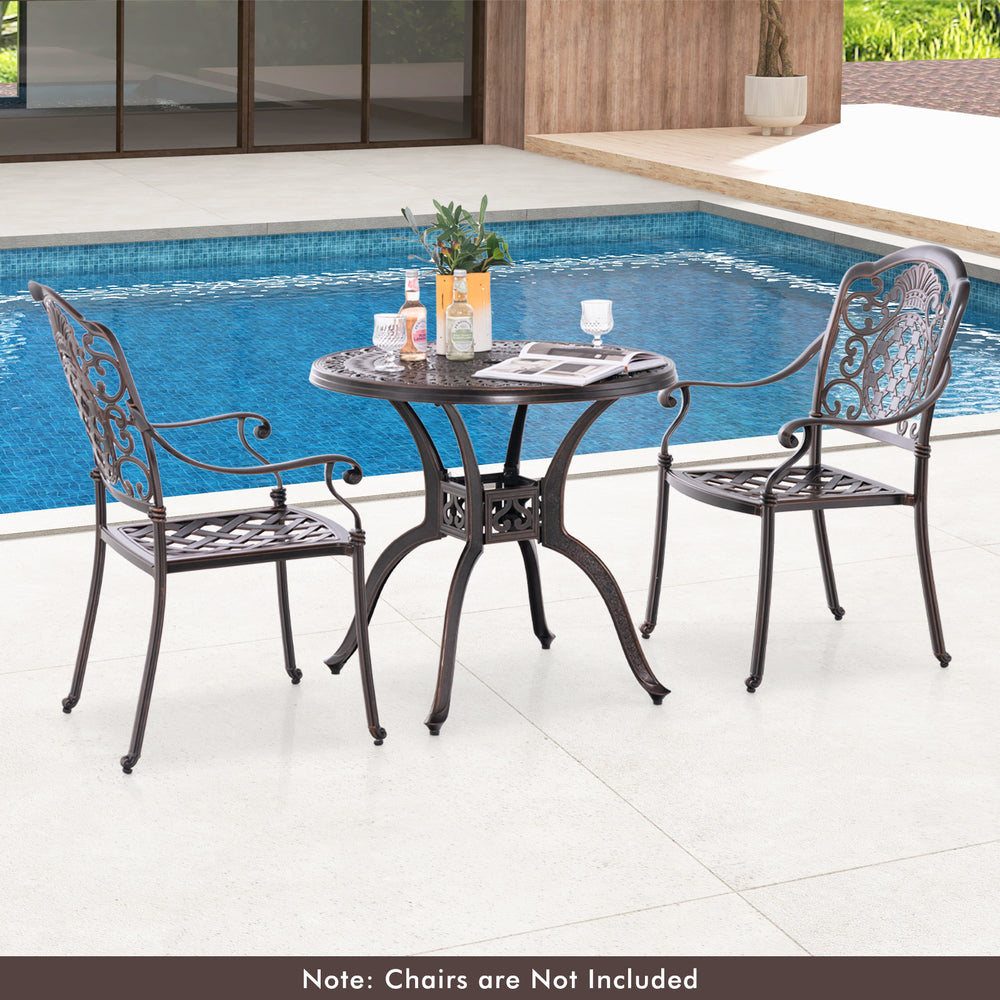 Round 31.5-inch cast aluminum patio dining table with umbrella hole, ideal for backyard or poolside use.