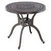 Round 31.5-inch cast aluminum patio dining table in copper with umbrella hole, ideal for outdoor settings like gardens.