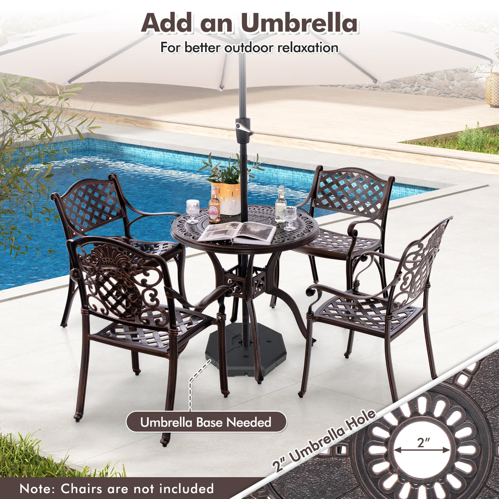 Round 31.5-inch cast aluminum patio dining table with umbrella hole, featuring a classic design for outdoor relaxation.