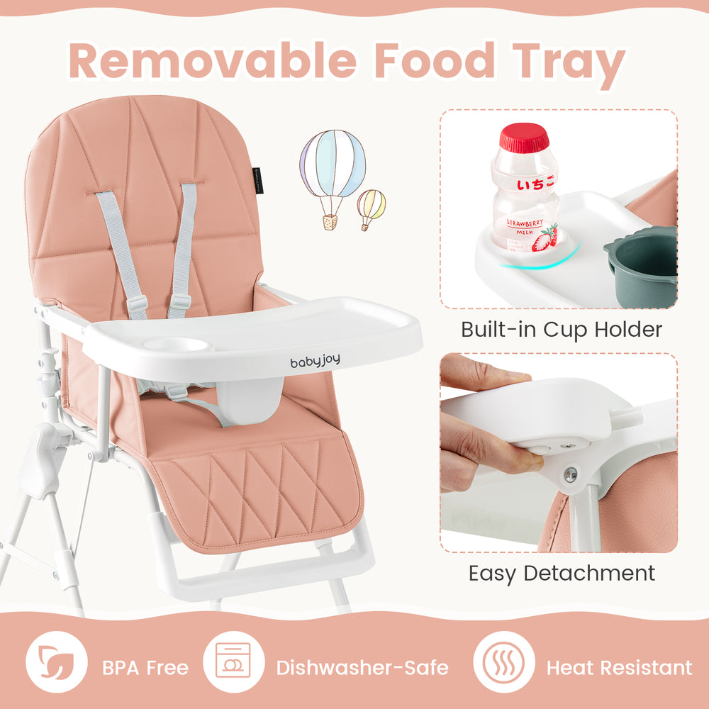 Compact pink highchair with removable dishwasher-safe tray, built-in cup holder, and adjustable footrest for.