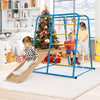 Indoor jungle gym with slide and swing for kids, featuring a blue metal frame and safety handrails, perfect for ages 3+.