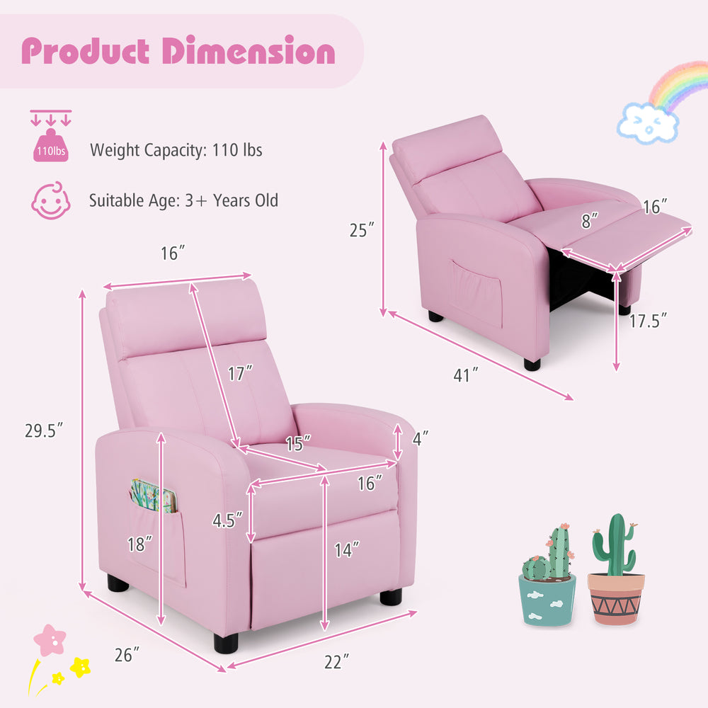 Dimensions chart for pink ergonomic PU leather kids recliner lounge sofa, showcasing adjustable features and comfort.