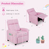 Dimensions chart for pink ergonomic PU leather kids recliner lounge sofa, showcasing adjustable features and comfort.
