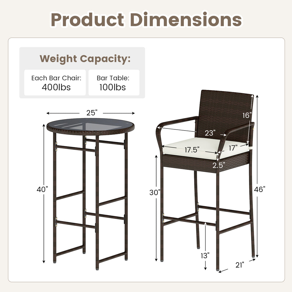 Product dimensions of a 3-piece outdoor bar set with 2 seat cushions, featuring a tempered glass tabletop and PE wicker.