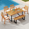 Acacia wood outdoor dining bench with a sturdy metal frame, perfect for patio seating and garden use.