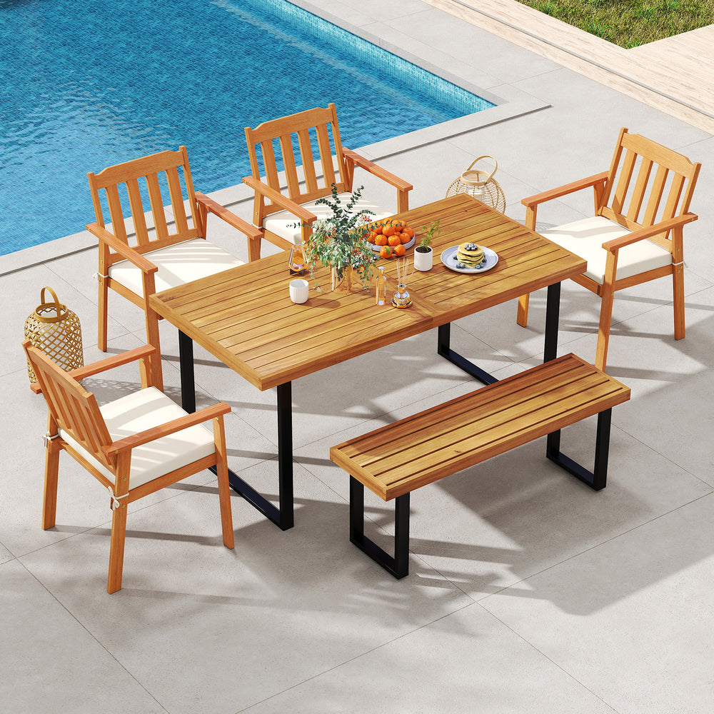 Acacia wood outdoor dining bench with a sturdy metal frame, perfect for patio seating and garden use.
